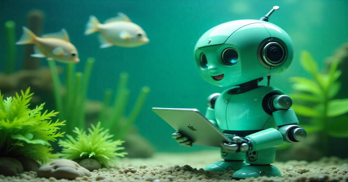 Robot IA vert pastel expert en aquariophilie douce – symbolisant précision & soin