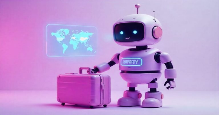 Robot IA violet pastel guide de voyage virtuel avec carte et valise