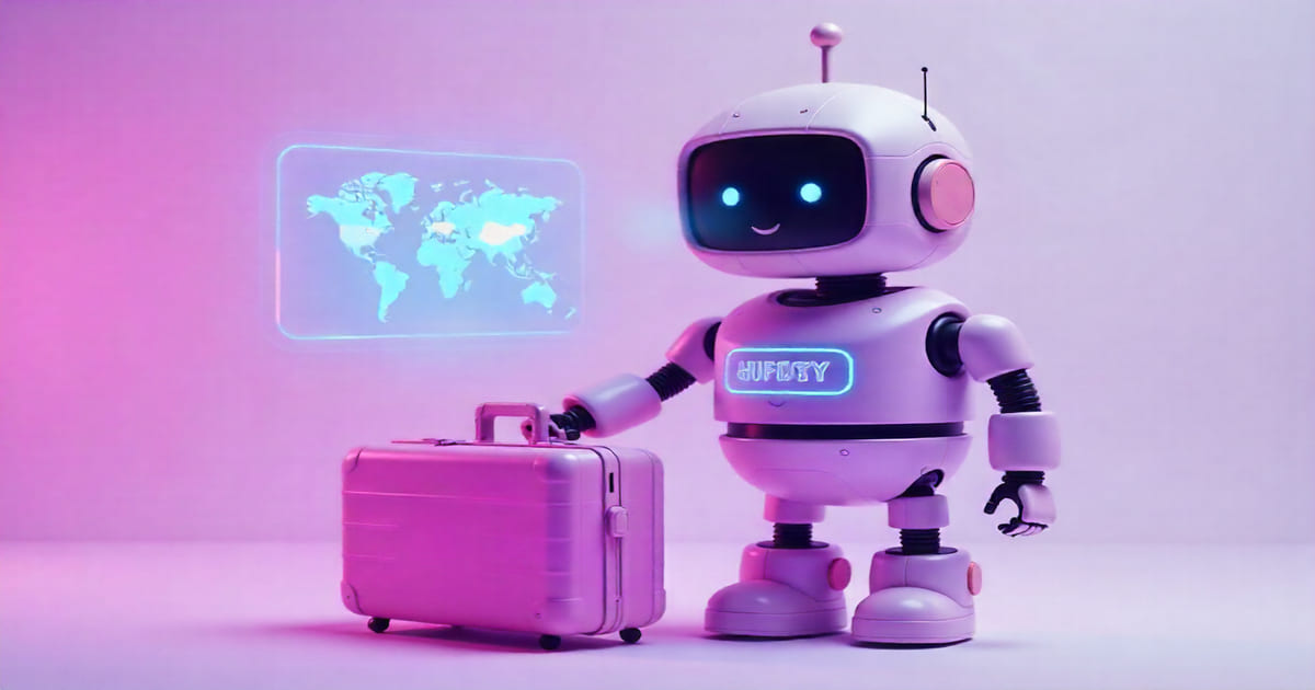 Robot IA violet pastel – guide de voyage virtuel avec carte et valise
